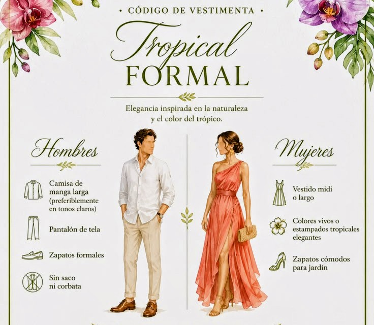 Guía de código de vestuario Tropical Formal, con ejemplos de atuendo para hombres y mujeres